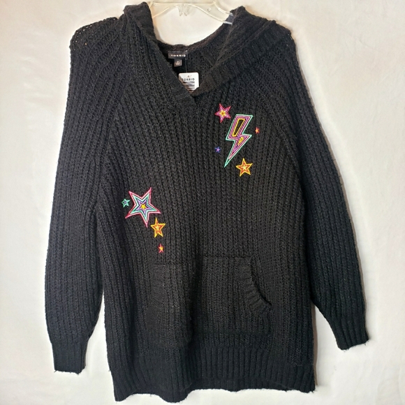 Torrid Raglan Hoodie Pullover Black Embroidered Stars Bolt Size 0 Large 12 NWT - Picture 7 of 15